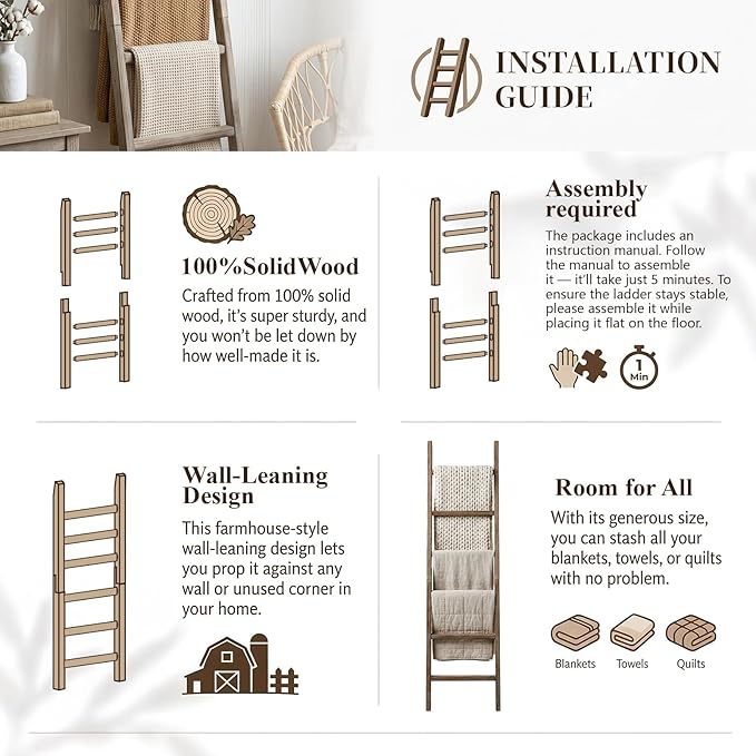 Wooden Blanket Ladder - Natural & Motley Wood - Leaning Wall Decor for Bedroom, Bathroom, Living Room - Rustic Quilt Holder & Towel Rack (Burnt Brown, 76in（6-Tier）)