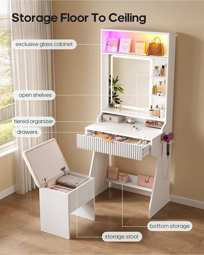HAUOMS Small Vanity Desk with Mirror and Lights, Sound Sync LED Lights, Fluted Wood Compact Makeup Vanity Table Set with Teddy Fleece Chair, Storage Drawer, Shelves, Bedroom (White)