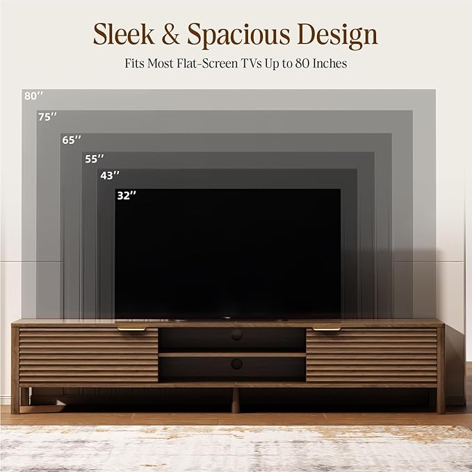 IKALIFE TV Stand for Living Room - up to 80 Inch TVs Mid Century Modern Entertainment Center with Storage and Adjustable Shelves, Media Console Table Walnut 71"