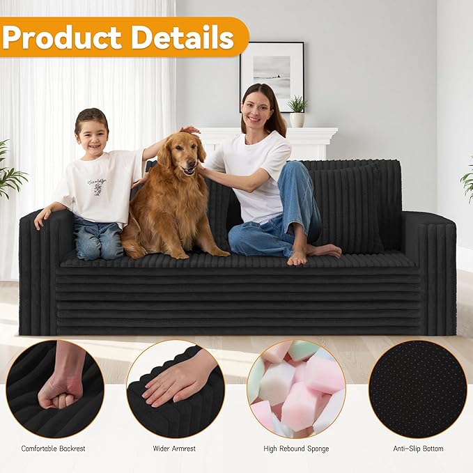 HABUTWAY 68" Loveseat Boneless Couch, 4-in-1 Convertible Sofa Bed, Plush Fur Folding Futon Sofa Bed Couches with 2 Pillows for Living Room, High-Density Foam Support, No Assembly Required, Black