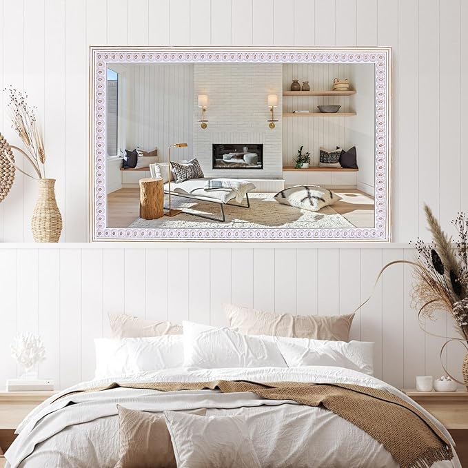35x23 Inch Rustic Farmhouse Rectangle Mirror for Bathroom Over Sink, Wooden Boho Decorative Mirrors for Wall, Entryway, Living Room, Bedroom (Vertical/Horizontal)