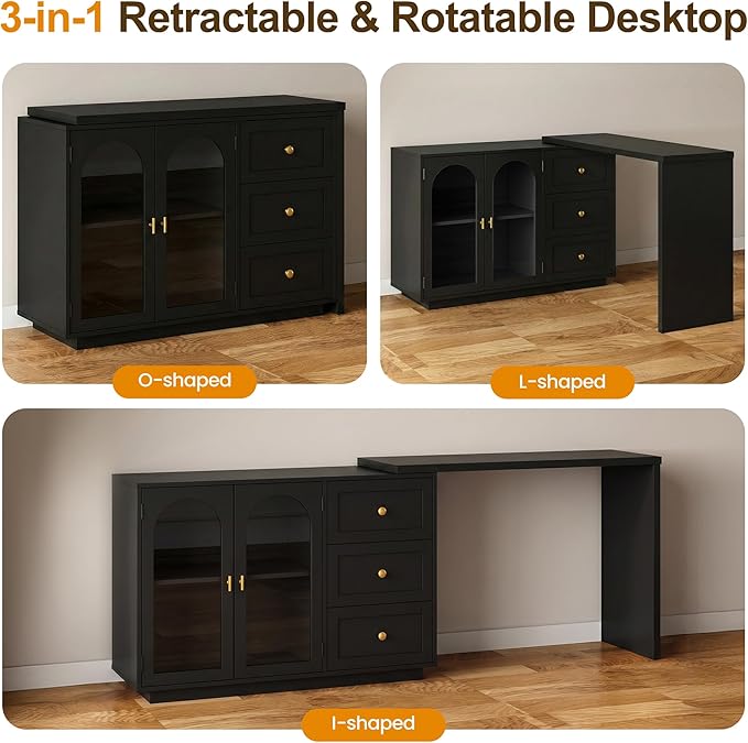RoyalCraft 83" Makeup Vanity Desk, Black Vanity Dresser, L Shaped Corner Vanity Table with 3 Drawer & 2 Door, Modern Extendable Dressing Table for Bedroom, Dressing Room, Small Space (Without Mirror)