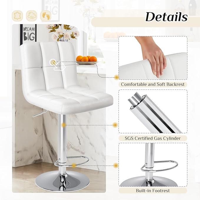 DUMOS Bar Stools Set of 4, 24 inch Counter Height Bar Stools, Upholstered Modern Kitchen Barstools with Metal Base, PU Leather Saddle Stools for Kitchen Island, Snowy White