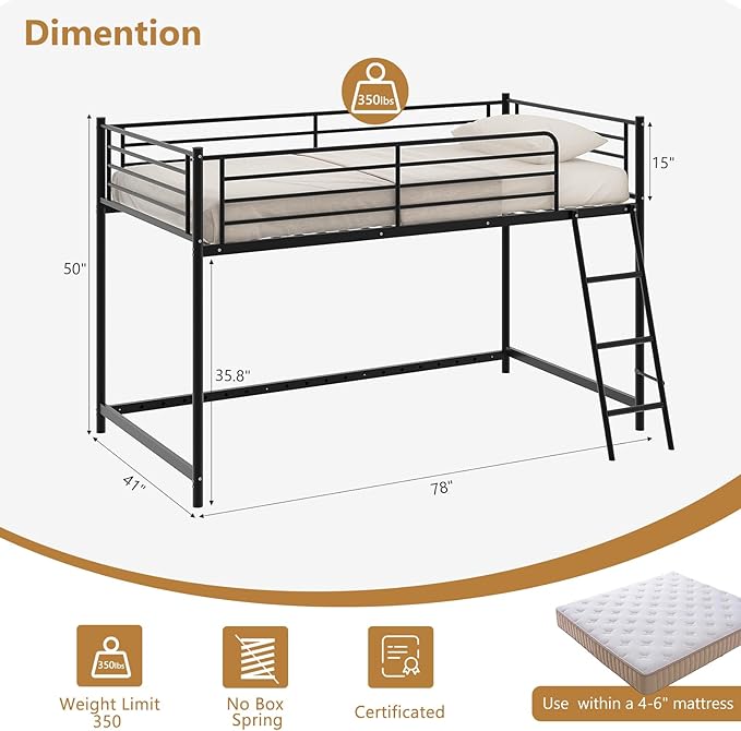 JOYMOR Low Loft Bed with Inclined Ladder, Metal Twin Size Bed Frame with 15” High Guardrail for Boys Girls, Junior, Space Saving, Mattress Not Included (Black)