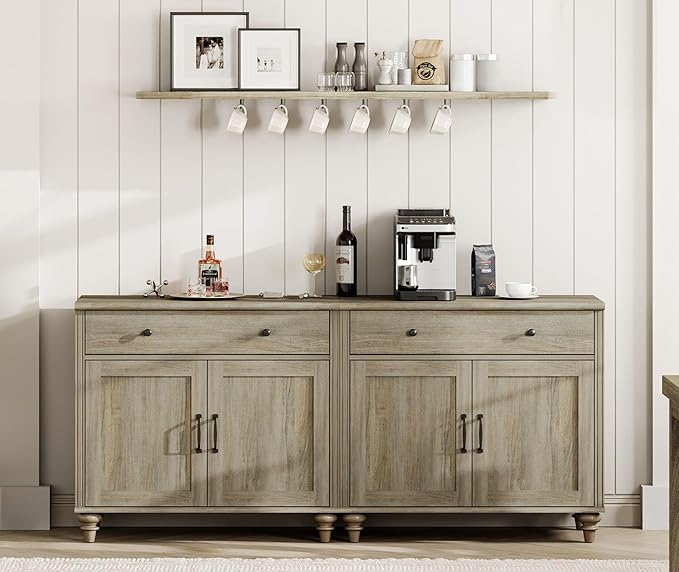 WAMAPT Buffet Cabinet with 4 Doors and 2 Drawers, Large Coffee Bar Table Wood Kitchen Storage Cabinets with Storage Cabinets, Modern Farmhouse Sideboard Credenza for Dining Room, Wash Grey, 68 inch