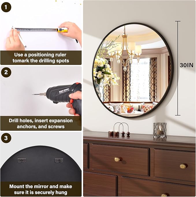 XRAMFY 30 Inch Round Mirror - Circle Mirrors for Bathroom, Entryway and Living Room Wall Decor, Modern Hanging Vanity Mirror, Matte Black Circle Decorative Wall Mirror