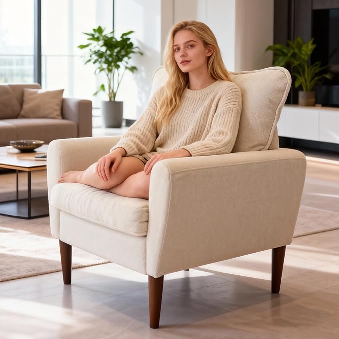 OLIXIS Comfy Accent Chair for Living Room Bedroom and Waiting Room, Upholstered Mid-Century Reading Chair with Pillow and Solid Wood Legs, Wide Singe Modern Lounge Sofa, Cream Beige