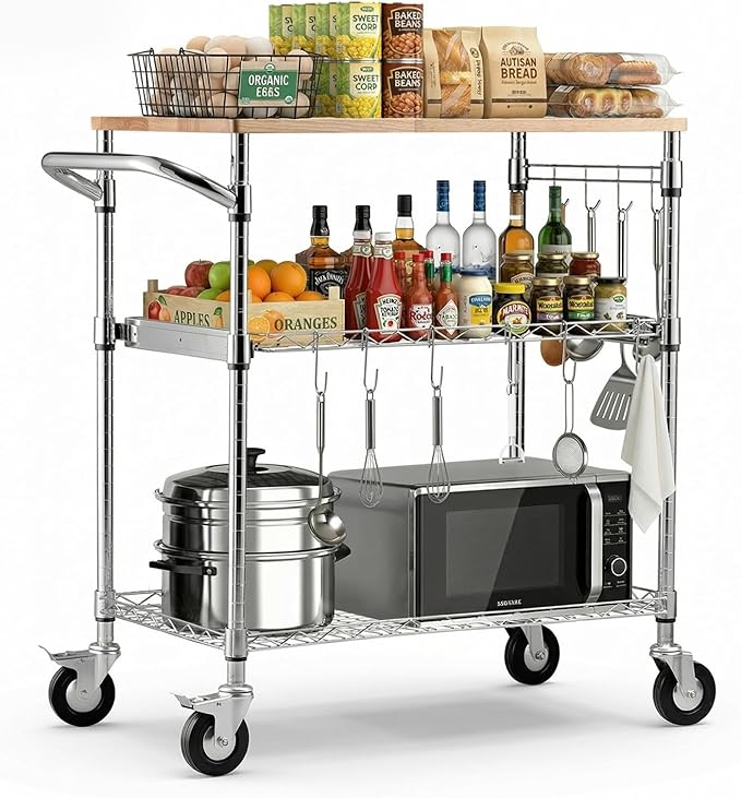 VEVOR Kitchen Utility Cart, 3 Tier Heavy Duty Adjustable Wire Storage Rack with Wood Tabletop and Handle Bar, Rolling Portable Service Trolley on Wheels, 661 lbs Steel Work Table, 30x18x36 in