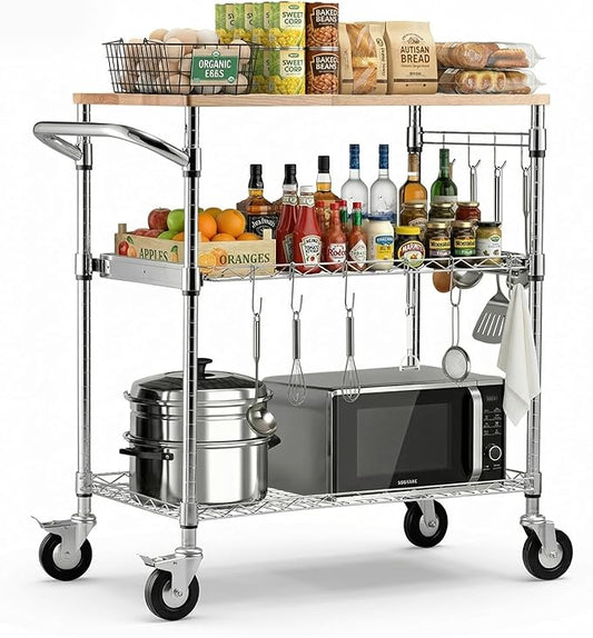 VEVOR Kitchen Utility Cart, 3 Tier Heavy Duty Adjustable Wire Storage Rack with Wood Tabletop and Handle Bar, Rolling Portable Service Trolley on Wheels, 661 lbs Steel Work Table, 30x18x36 in