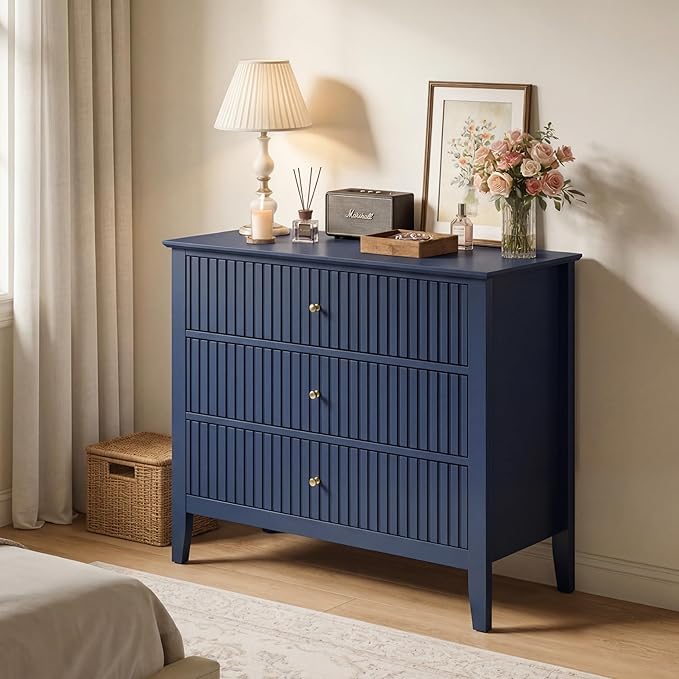 RoyalCraft 32" Large Nightstand Set of 2, Fluted Painted Bedside Table with 3 Spacious Drawers, Modern Tall End Table for Bedroom, Blue