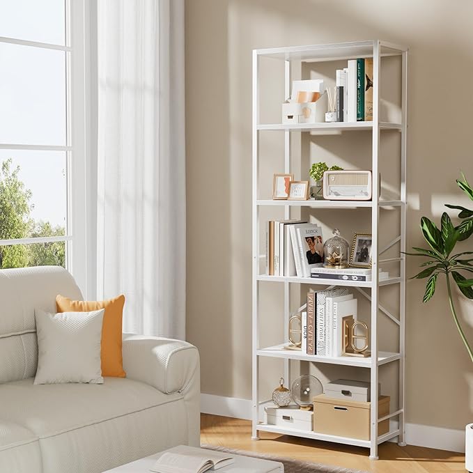 Furologee 6 Tier Book Shelf, Tall Wide Bookshelf, Modern Open Bookcase, Display Shelves Storage Organizer, Shelving Unit for Living Room, Home Office, Bedroom, Kitchen, White
