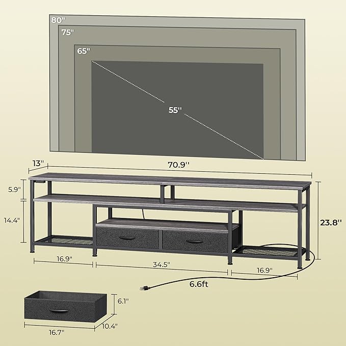 Huuger TV Stand for 75 80 Inch TV, Entertainment Center with Power Outlets and LED Lights, 70.9 Inch TV Console for Living Room, Media Console with Drawers and Shelves, Grey