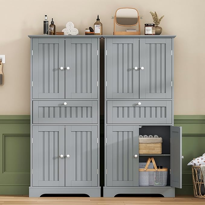 ChooChoo 51" H Tall Bathroom Floor Cabinet, Modern Bathroom Storage Cabinet with Drawer and Adjustable Shelves, Freestanding Kitchen Pantry Cupboard with 4 Doors for Living Room, Grey