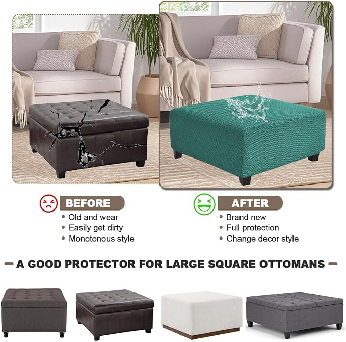 Levoberg Waterproof Square Ottoman Cover Large Square Folding Storage Ottoman Bench Slipcovers Footrest Stool Covers Oversized Ottoman Coffee Table Covers Cube with Elastic Bottom L Peacock Blue