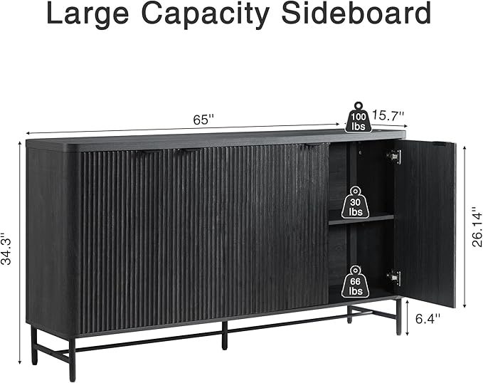 Fatmok 65" Buffet Cabinet with Storage, Fluted Credenza Sideboard with 4 Doors & Adjustable Shelves, Large Coffee Bar Console Table for Dining Room, Living Room, Entryway, Black Grey