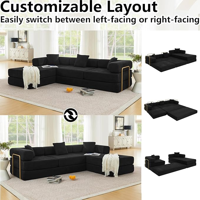 HANXIN 108" Modular Sectional Sofa,Futon Convertible Sofa Bed,Oversized Corduroy Boneless Couch for Living Room,Floor Loveseat Sleeper with Pull Out Bed,Free Combination,No Assembly Required (Black)