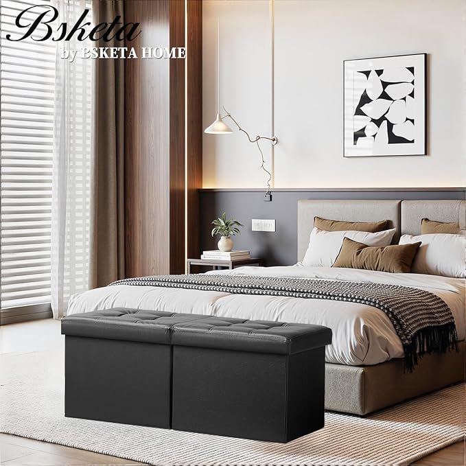 Bsketa Storage Ottoman Bench with Folding Lid Ⅲ, Foot Stools Opens on Both Ends, Footrest Foldable Leather Chest for Living Room, Bedroom, Entryway, End of Bed Storage Blanket Ottomans Black