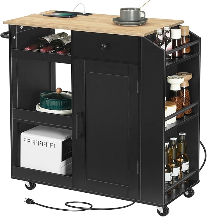 MAHANCRIS Kitchen Island with Power Outlet, Kitchen Storage Island with Drawer, Rolling Kitchen Cart on Wheels, Spice Rack, Towel Rack, Wine Rack, for Dining Room, Black and Natural KIHN122E01