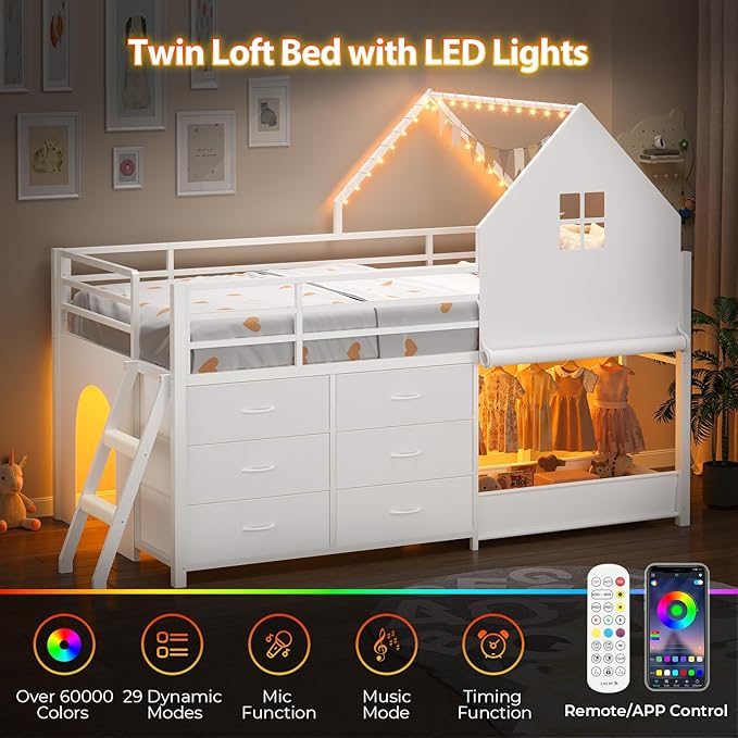 UPOSOJA Twin - Low Loft Bed with Kids Clothing Rack, Kids Loft Bed, Loft Bed with Tent, Toy Storage Box, Safety Guardrail, LED Light, Under-Hide and Seek Bed Play Space (White)