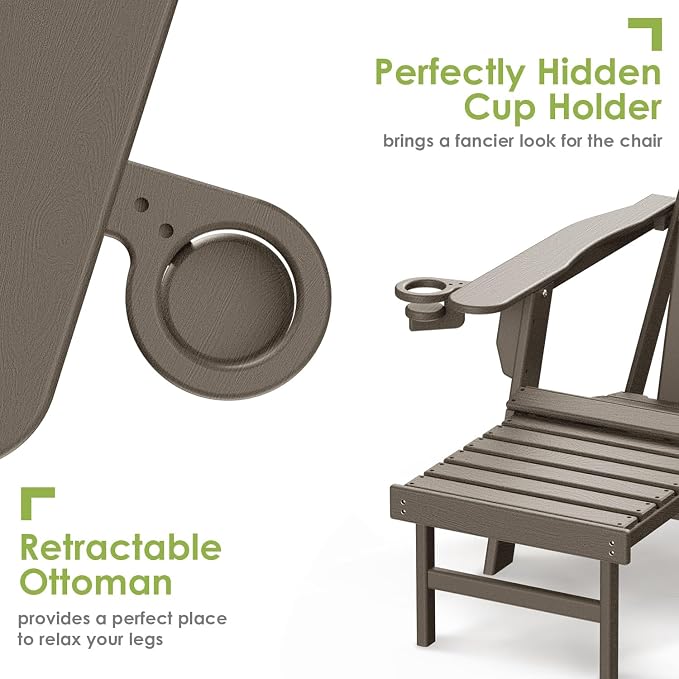 GREENVINES Adirondack-Chairs-with-Ottoman | Wood Grain | Folding | Retractable-Footrest | HDPE Plastic | All Weather Fire Pit Chair | Cup Holders | for Outdoor Poolside