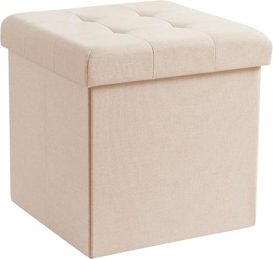 Ornavo Home Folding Storage Ottoman, 15 Inch Storage Cube with Lid, Foot Rest Stool for Bedroom, Living Room, Entryway, Tufted Linen Upholstered - Beige