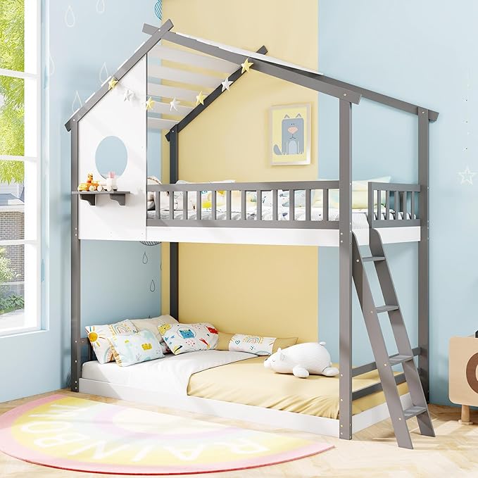 Giantex Bunk Bed Twin Over Twin, Solid Wood Floor Bunk Bed with Ladder & Full-Length Guardrails, House Shaped Bunk Beds for Kids, Girls, Boys, Dormitory and Bedroom, No Box Spring Needed