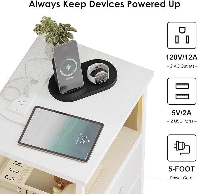 Fixwal White Nightstand for Women Bedroom, LED Night Stand with Charging Station, Bed Side Table with 2 Fabric Storage Drawers