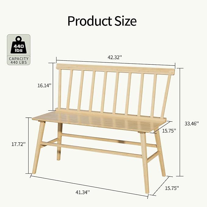 APRTAT Bamboo Entryway Bench, Farmhouse Dining Bench with Spindle Back 3 Person Indoor Bench Chair Wood Windsor Bench Durable Easy Assembly for Foyer Balcony Hallway Living Room (Natural)