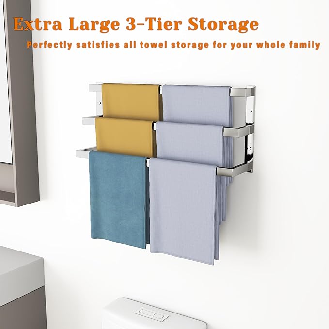 SEIDO 28 Inch 3-Tier Towel Rack, Heavy Duty Square Ladder Design Towel Bar Wall Mounted, Polished Chrome 308 Stainless Steel Rustproof Towel Holder for Bathroom, Kitchen, Laundry