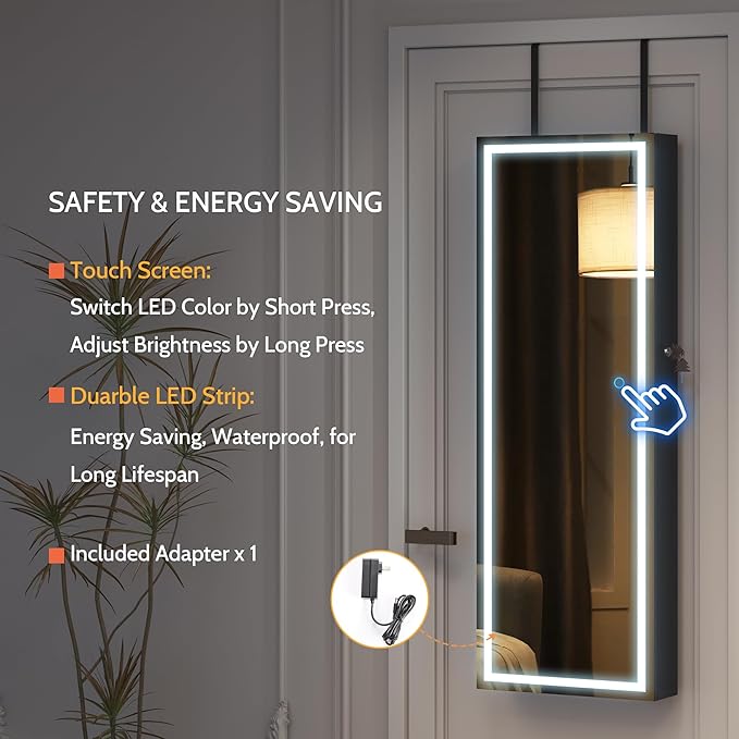 LVSOMT LED Mirror Jewelry Cabinet Door Hanging, Wall Mounted Jewelry Mirror Organizer Full Length, Lockable Jewelry Armoire, Large Capacity, for Small Space Bedroom, Gift for Women, Black