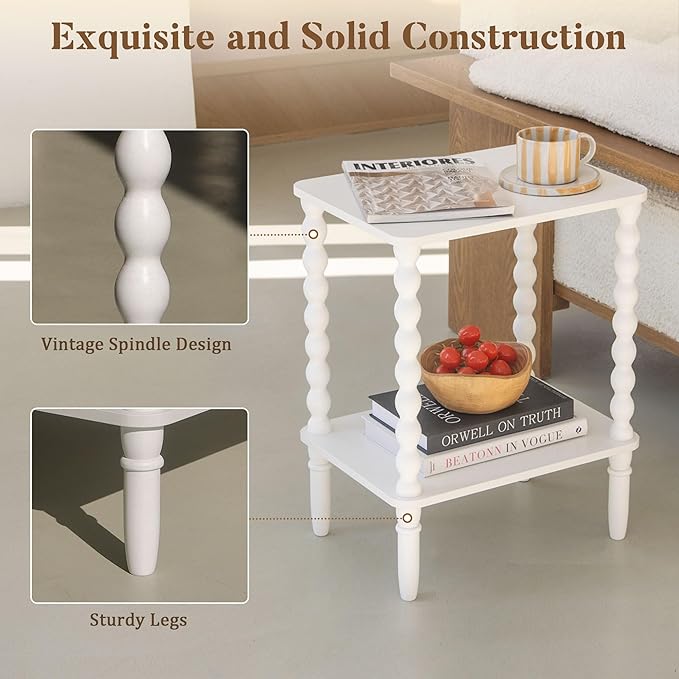 Fultyle White End Table, Small Side Table with Storage Shelf, 2-Tier Modern Night Stand for Bedroom, Living Room, Small Spaces (White)
