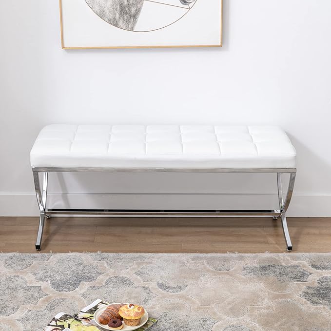 DUOMAY Modern Tufted Ottoman Bench, PU Leather Upholstered Dining Bench, Button Tufted Footrest Stool Vanity Seat with with X Metal Legs, 45.75" W x 16.5" D x 19.25" H, White