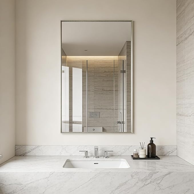 Bathroom Mirror for Wall, 36x24 Inch Metal Framed Mirror, Brushed Nickel Rectangle Mirror, Bathroom Vanity Mirror Farmhouse, Tempered Glass, Anti-Rust, Hangs Horizontally or Vertically