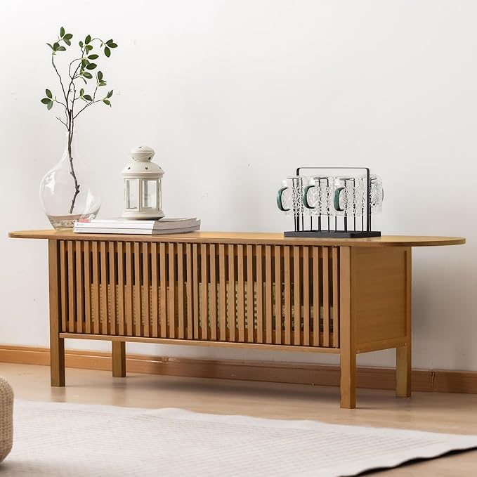 Bamboo TV Stand for TVs up to 65", Accent Entertainment Center with Storage, Media Console Table with Fence Door, Modern TV Stand for Living Room, Bedroom, 55"(L), Walnut
