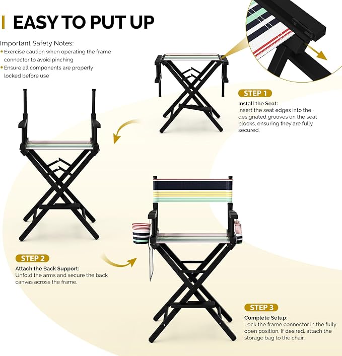 OmySalon 26" H Tall Directors Chair, Wooden Portable Folding Makeup Chair w/Storage Pouch & Footrest, Professional for Salon/Events/Mobile Services, 250lb Capacity, Striped Canvas & Black Frame