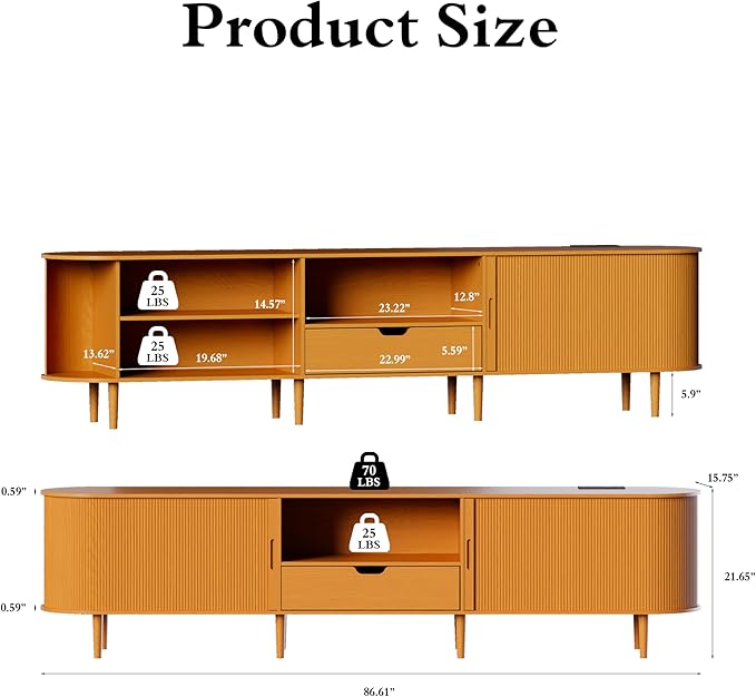 86.6" Fluted TV Stand with Power Outlet for TVs up to 90", TV Console with Adjustable Shelves and Sliding Door,Mid Century Modern Entertainment Center for Living Room,Bedroom (Yellow Walnut, 86.6Inch)