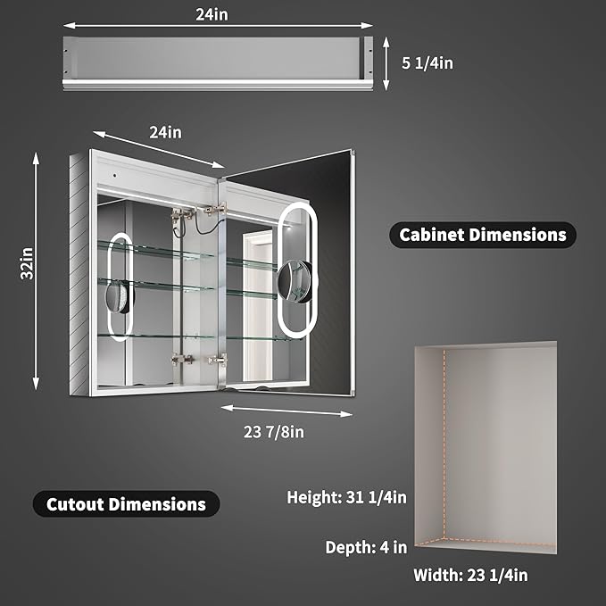 ExBrite 24 x 32 LED Lighted Medicine Cabinet with Mirror, Front & Backlit, Night Light, Clock & Temp Display, Defog, 5X Magnifier, 3-Color Dimmable LED, Surface/Recessed Mount, Hinge On the Right