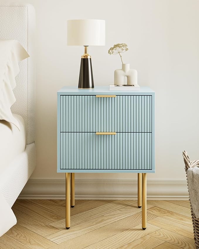 Aienvey Night Stand, Modern Nightstand with Drawers, Bedside Table, Gold Small Side Table for Bedroom, Living Room End Table (Blue Stripe, 2 Drawers)