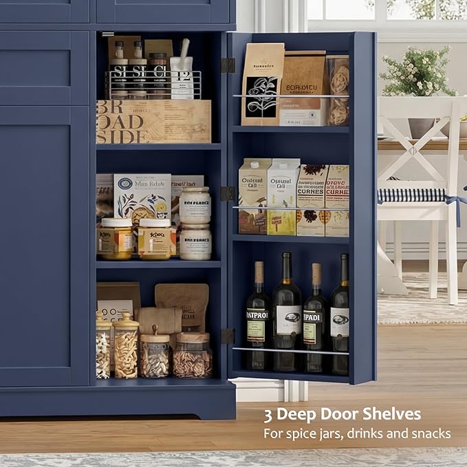HOSTACK 68" Tall Kitchen Pantry Storage Cabinet, Modern Kitchen Hutch Cabinet with Doors and Shelves, Freestanding Food Pantry with Large Storage Drawer for Dining Room, Living Room, Navy Blue