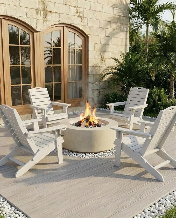 Adjustable Adirondack Chairs Set of 2 with Retractable Ottoman, HDPE Folding Adirondack Chair with Cup Holders, Weather Resistant for Backyard, Poolside & Fire Pit (White)
