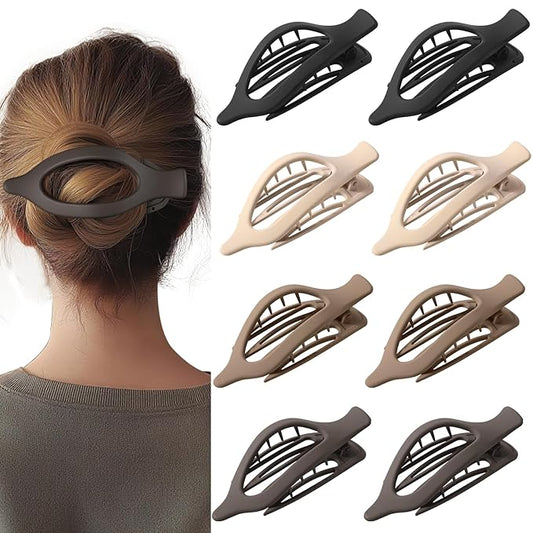 8個パック　フレンチフラットヘアクリップ　レディース用 - ブラック、ベージュ、ライトブラウン、ダークブラウンのラージマットノンスリップクローバレッタ、太い髪も細い髪もしっかりホールド