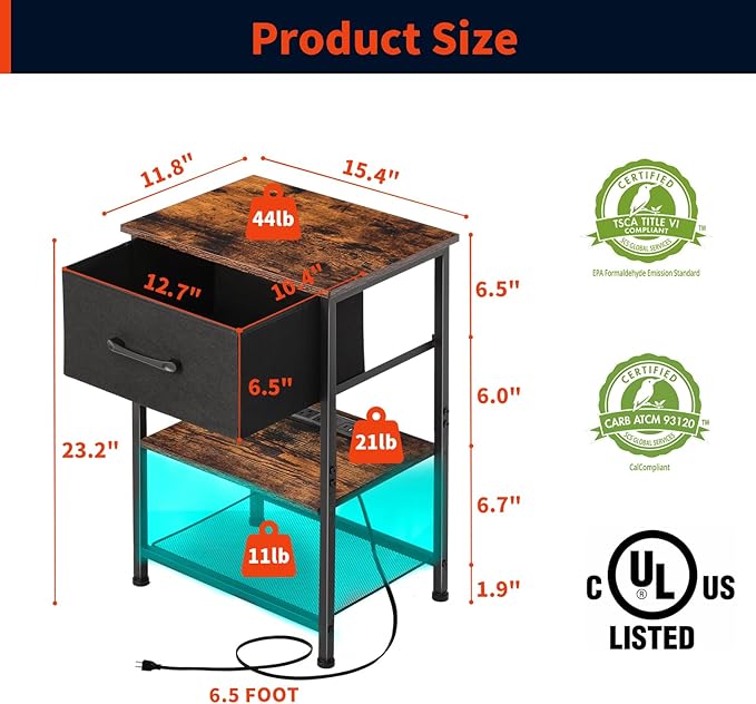 LAKEMID Nightstands Set of 2 with Charging Station and Drawer,Wood Bedside Table with 20 Colors LED Light for Bedroom Living Room (Rustic Brown)