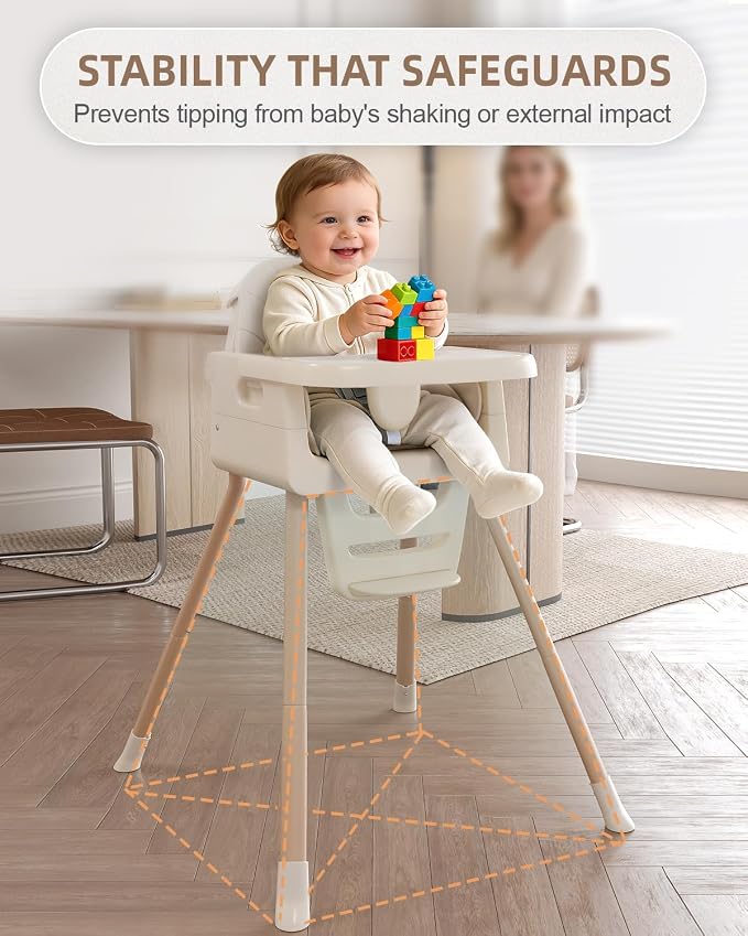 Baby High Chair for 6 Months+, Foldable High Chairs for Babies and Toddlers, Convertible High Chair, Adjustable Tray & Footrest, Portable High Chair & Easy to Clean(White with Wood Grain)