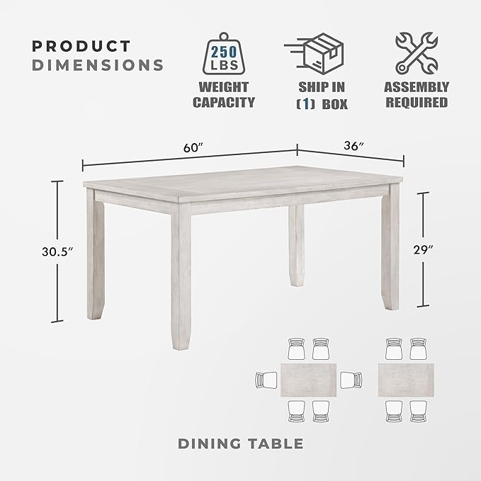 Lexicon 60" Farmhouse Dining Table for 4-6 People, Solid Wood Frame Acacia Veneer Rectangular Kitchen Table, for Kitchen, Dining Room, Living Room, Assembly Required, Brushed Antique White Finish