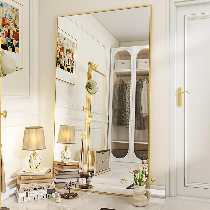 VooBang Large Full Length Mirror 78" x 35" - Shatterproof Huge Floor Full Body Mirror with Metal Frame, Freestanding, Wall Mounted, or Wall Leaning for Bedroom, Living Room, Dressing Room, Gold