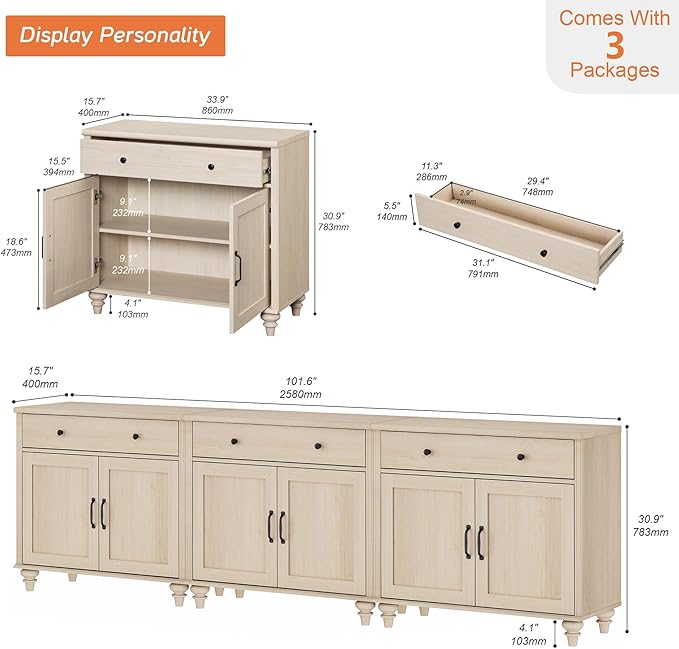 WAMAPT Buffet Cabinet with 6 Doors and 3 Drawers, Large Coffee Bar Table Wood Kitchen Storage Cabinets with Storage Cabinets, Modern Farmhouse Sideboard Credenza for Dining Room, Light Oak, 101 inch