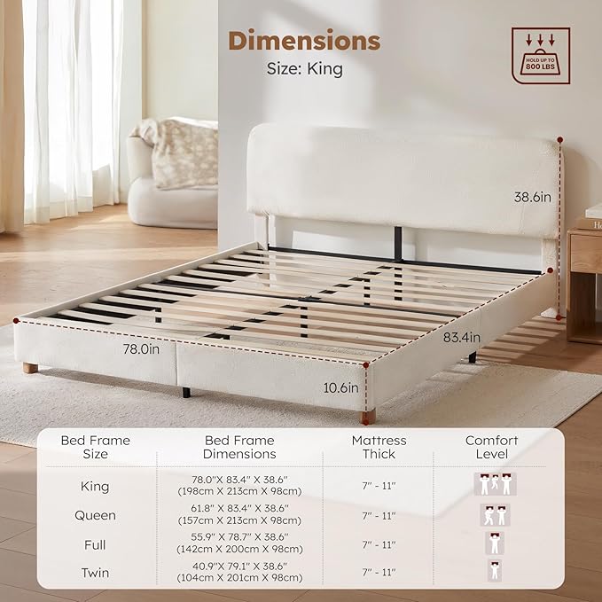King Size Cloud Bed Frame, Upholstered Boucle Bed Frame with Adjustable Headboard, Solid Wood Legs, Rounded Corners Design & Easy Assembly – Modern Platform Bed,Cream