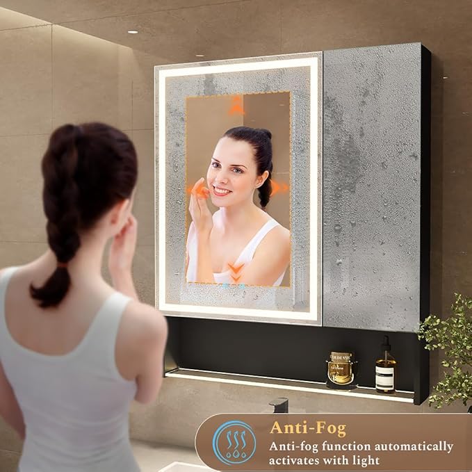 30"×34" LED Lighted Medicine Cabinet with Backlight, Adjustable Brightness 3 Color Temperature Lighting Anti-Fog Mirror 2 Socket & 2 USB Ports & Adjustable Shelf Wall Mounted