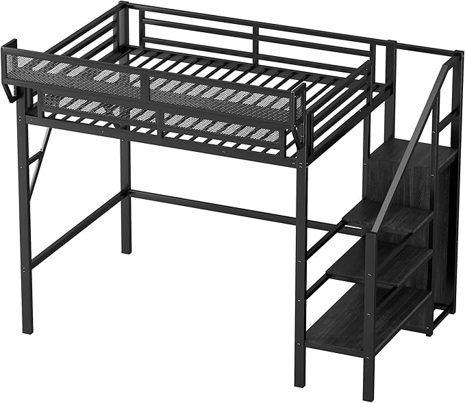 Mirightone Twin Size Loft Bed with Stairs and Storage, Metal Loft Bed Frame with A Shelf and Large Under-Bed Space, Heavy-Duty Loft Beds for Kids Boys Girls Teens, Black