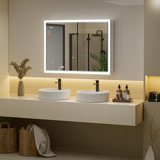 40x30 Recessed or Surface Lighted Medicine Cabinet with Mirror & Clock, Fogless Aluminum Medicine Cabinet with Dimmable Light & Outlet, Anti-fog, Built-in Sensing Light & 3 Adjustable Shelves